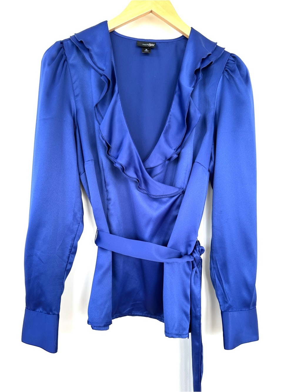 East 5th Sapphire Blue Ruffle Wrap Blouse with Long Sleeves, Satin Fabric